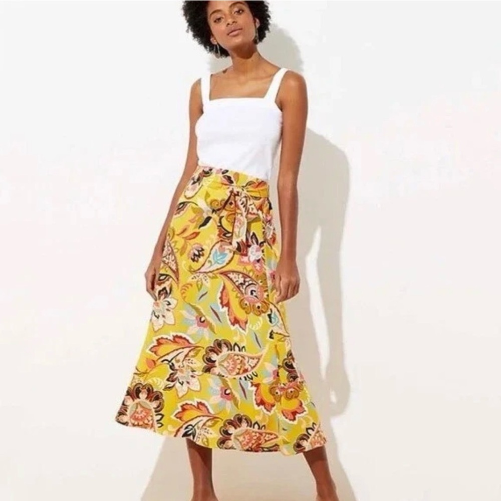 LOFT Tie Waist paisley Midi Skirt w/ Front Slit - Large
